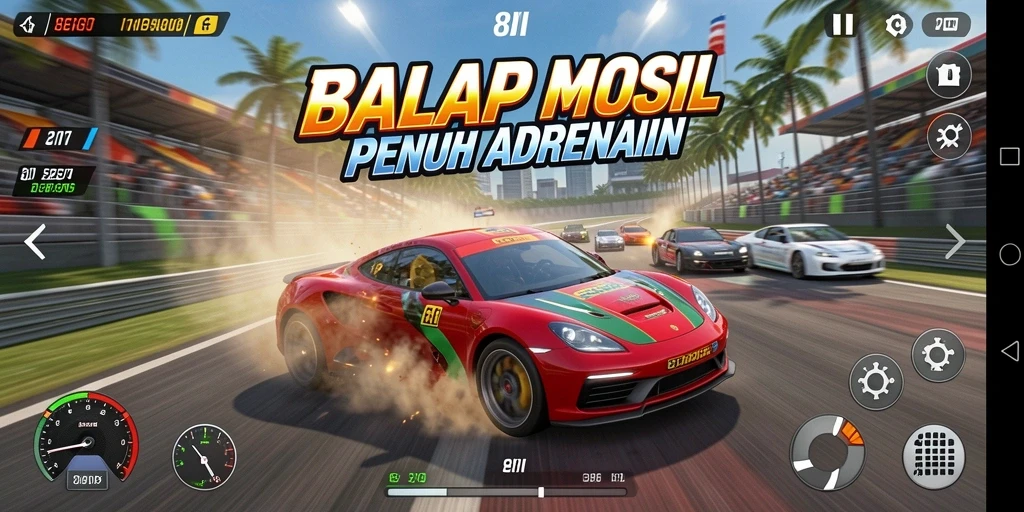 Screenshot menampilkan balapan seru di trek yang menantang.