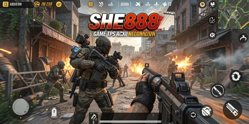 Tampilan gameplay intens dalam SHE888 dengan aksi TPS yang seru.